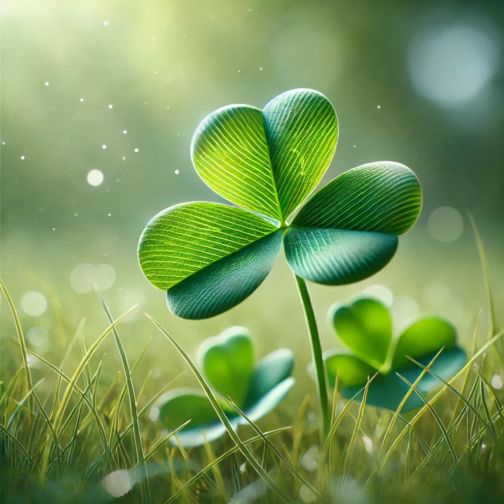 DALL·E 2025-01-26 16.52.54 - A realistic image of a single clover plant with three leaves, placed in a natural grassy field with soft sunlight shining on it. The clover has vibran